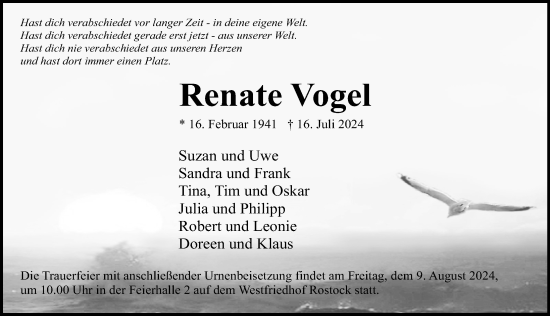 Traueranzeige von Renate Vogel von Ostsee-Zeitung GmbH