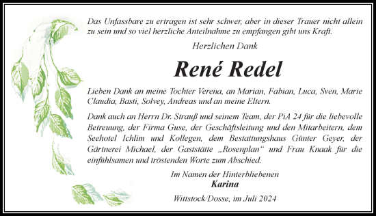 Traueranzeige von Rene Redel von Wochenspiegel