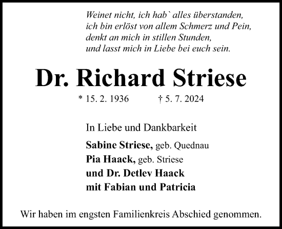 Traueranzeige von Richard Striese von Kieler Nachrichten