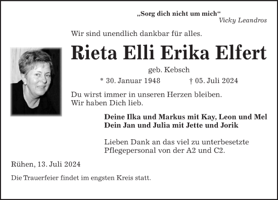 Traueranzeige von Rieta Elli Erika Elfert von Aller Zeitung