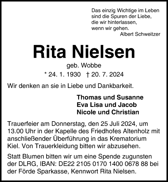 Traueranzeige von Rita Nielsen von Kieler Nachrichten