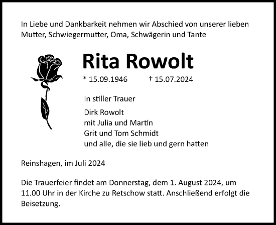 Traueranzeige von Rita Rowolt von Ostsee-Zeitung GmbH