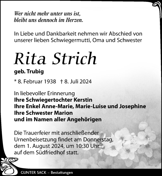 Traueranzeige von Rita Strich von Leipziger Volkszeitung