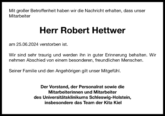 Traueranzeige von Robert Hettwer von Kieler Nachrichten