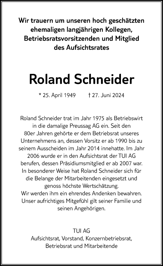 Traueranzeige von Roland Schneider von Hannoversche Allgemeine Zeitung/Neue Presse