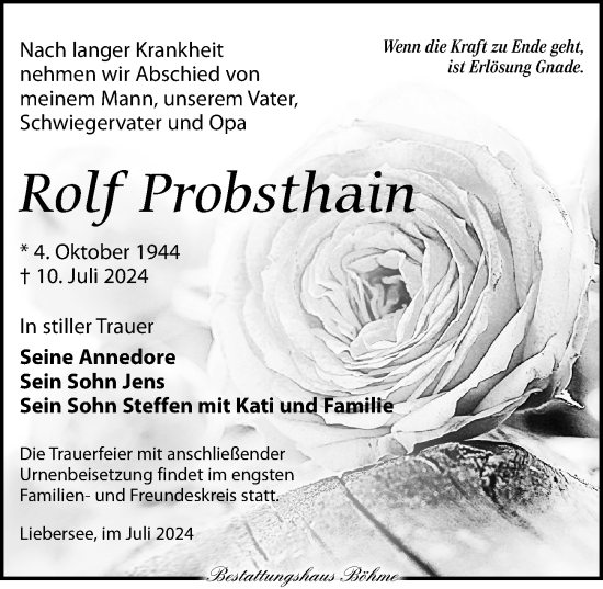 Traueranzeige von Rolf Probsthain von Torgauer Zeitung