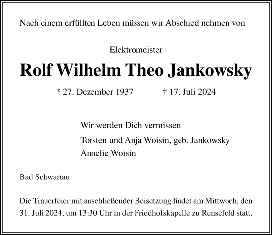 Traueranzeige von Rolf Wilhelm Theo Jankowsky von Lübecker Nachrichten