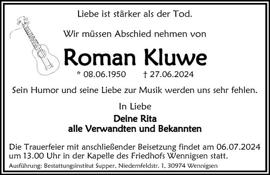 Traueranzeige von Roman Kluwe von Hannoversche Allgemeine Zeitung/Neue Presse