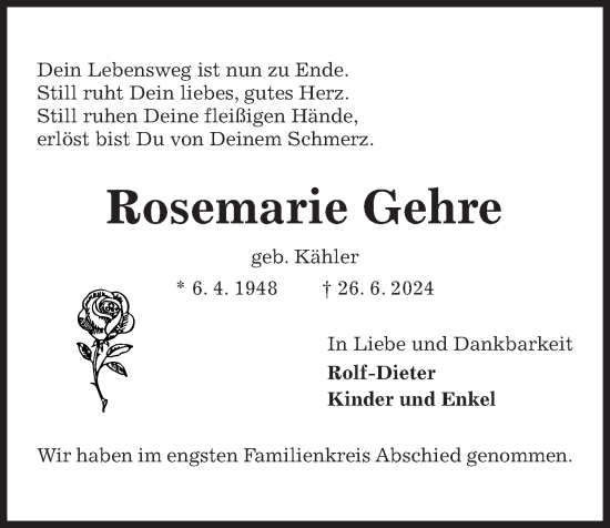 Traueranzeige von Rosemarie Gehre von Kieler Nachrichten