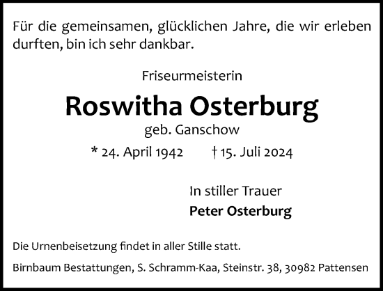 Traueranzeige von Roswitha Osterburg von Hannoversche Allgemeine Zeitung/Neue Presse