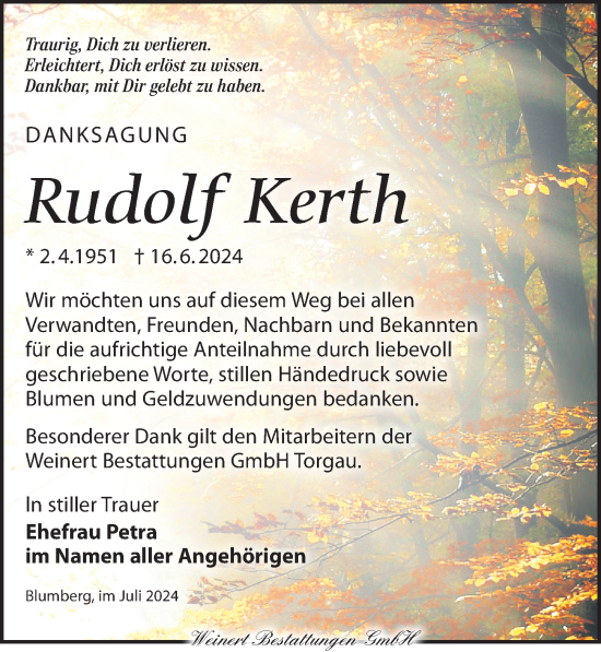 Traueranzeige von Rudolf Kerth von Torgauer Zeitung