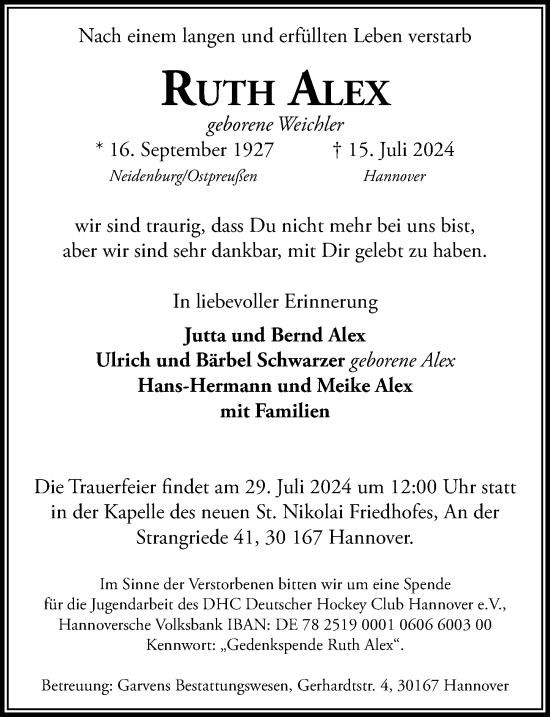 Traueranzeige von Ruth Alex von Hannoversche Allgemeine Zeitung/Neue Presse