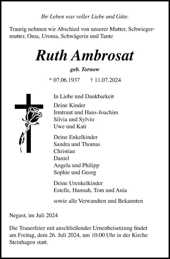 Traueranzeige von Ruth Ambrosat von Ostsee-Zeitung GmbH