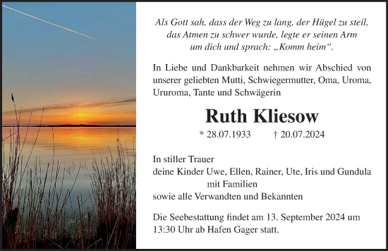 Traueranzeige von Ruth Kliesow von Ostsee-Zeitung GmbH
