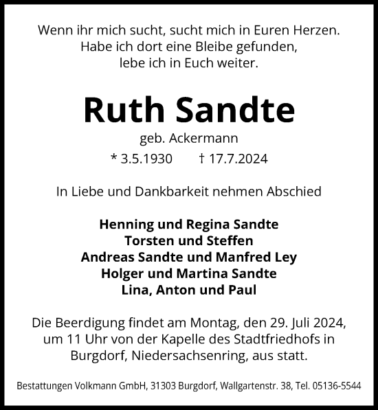 Traueranzeige von Ruth Sandte von Hannoversche Allgemeine Zeitung/Neue Presse