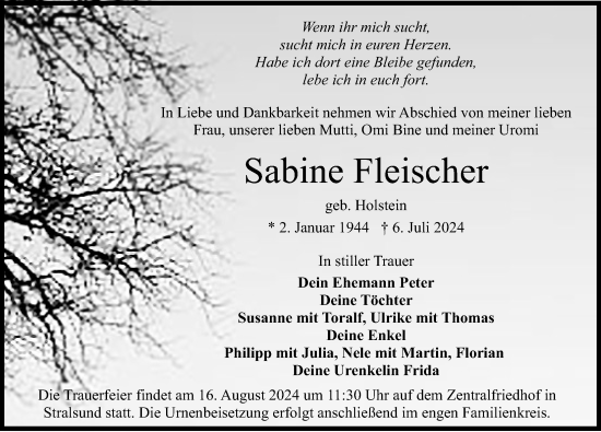 Traueranzeige von Sabine Fleischer von Ostsee-Zeitung GmbH