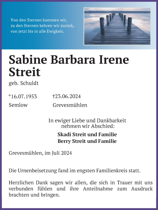 Traueranzeige von Sabine Barbara Irene Streit von Ostsee-Zeitung GmbH