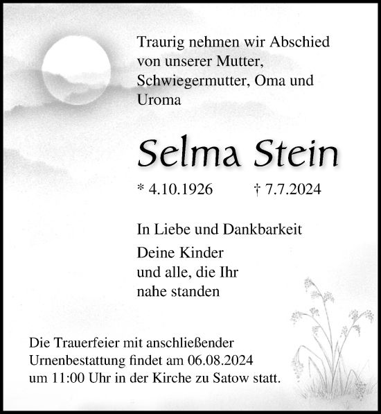 Traueranzeige von Selma Stein von Ostsee-Zeitung GmbH