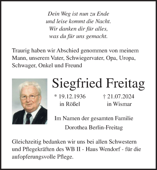 Traueranzeige von Siegfried Freitag von Ostsee-Zeitung GmbH