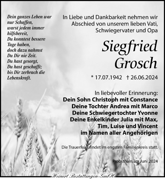 Traueranzeige von Siegfried Grosch von Torgauer Zeitung