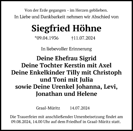 Traueranzeige von Siegfried Höhne von Ostsee-Zeitung GmbH