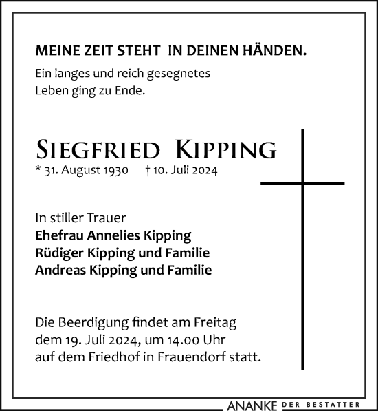 Traueranzeige von Siegfried Kipping von Leipziger Volkszeitung