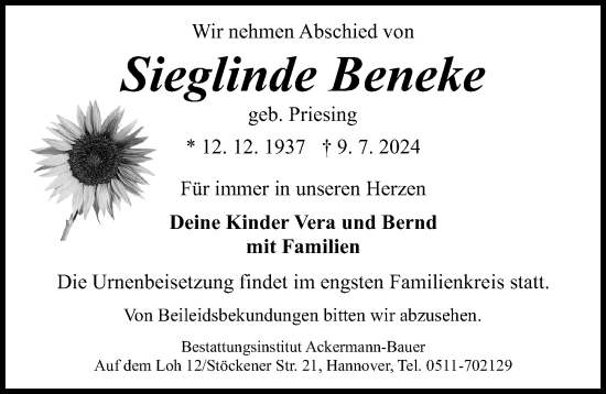 Traueranzeige von Sieglinde Beneke von Hannoversche Allgemeine Zeitung/Neue Presse