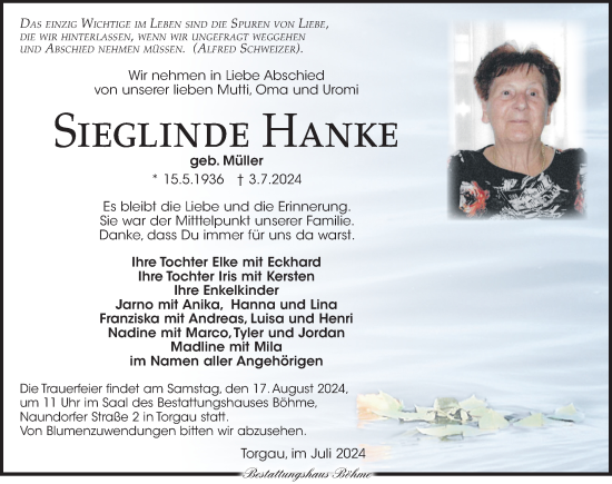 Traueranzeige von Sieglinde Hanke von Torgauer Zeitung