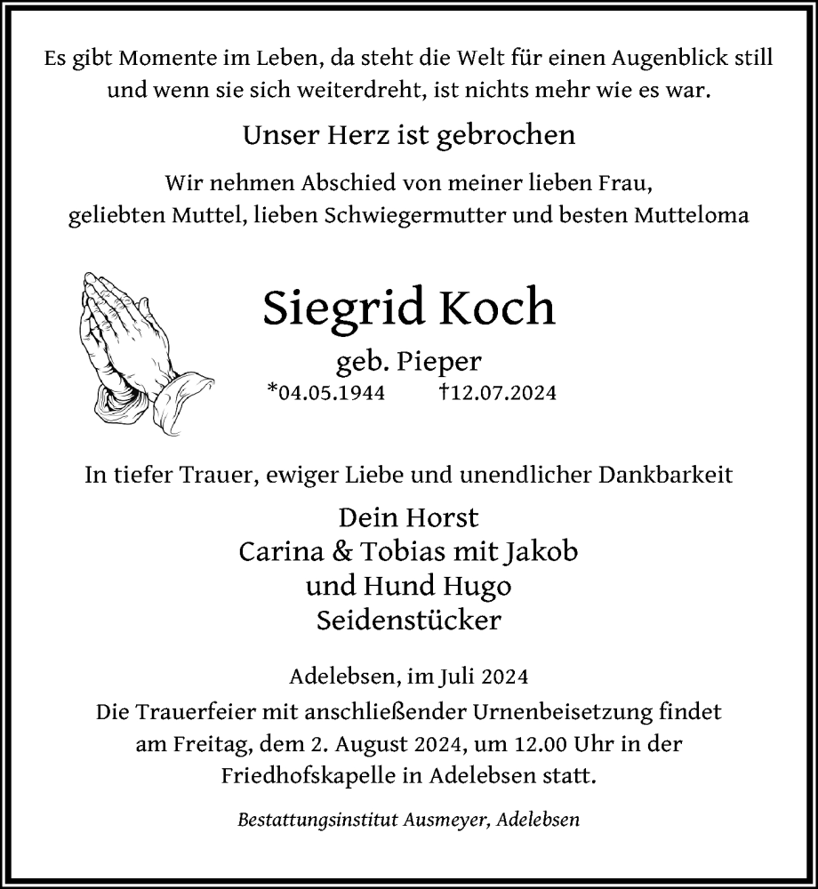  Traueranzeige für Siegrid Koch vom 27.07.2024 aus Göttinger Tageblatt