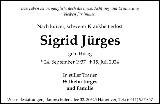 Traueranzeige von Sigrid Jürges von Hannoversche Allgemeine Zeitung/Neue Presse