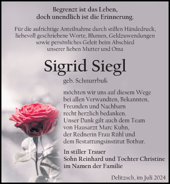 Traueranzeige von Sigrid Siegl von Leipziger Volkszeitung