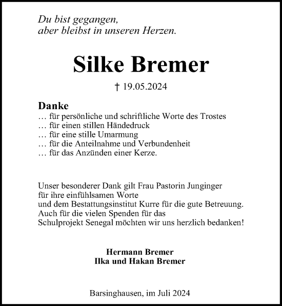 Traueranzeige von Silke Bremer von Hannoversche Allgemeine Zeitung/Neue Presse