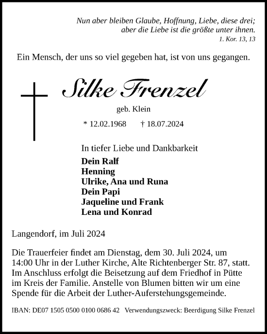Traueranzeige von Silke Frenzel von Ostsee-Zeitung GmbH