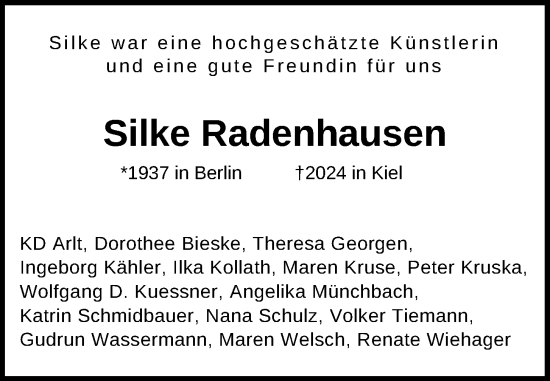 Traueranzeige von Silke Radenhausen von Kieler Nachrichten