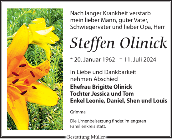 Traueranzeige von Steffen Olinick von Leipziger Volkszeitung