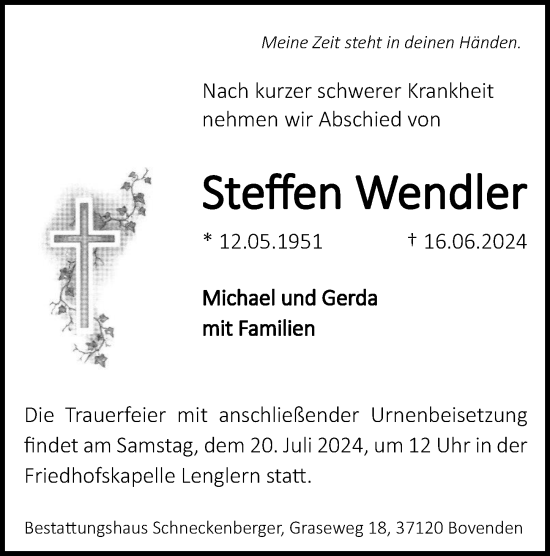 Traueranzeige von Steffen Wendler von Göttinger Tageblatt
