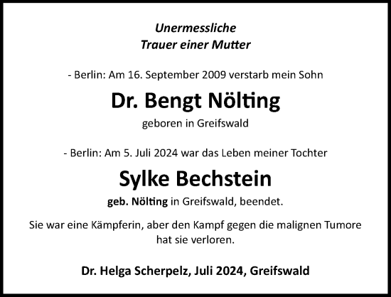 Traueranzeige von Sylke Bechstein von Ostsee-Zeitung GmbH
