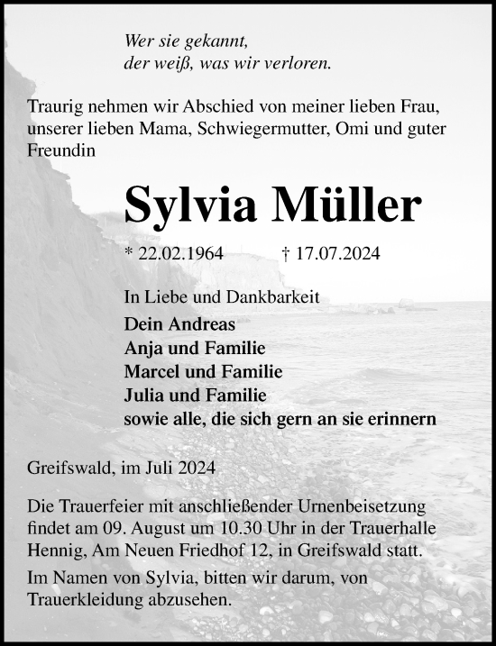 Traueranzeige von Sylvia Müller von Ostsee-Zeitung GmbH