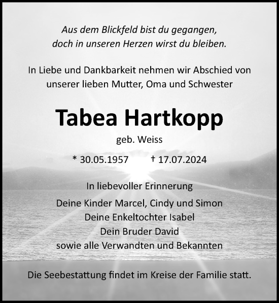 Traueranzeige von Tabea Hartkopp von Ostsee-Zeitung GmbH