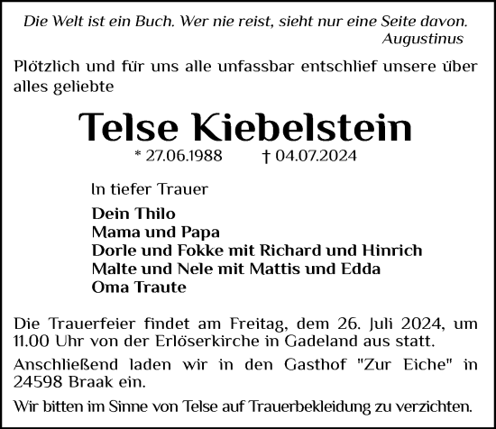 Traueranzeige von Telse Kiebelstein von Kieler Nachrichten