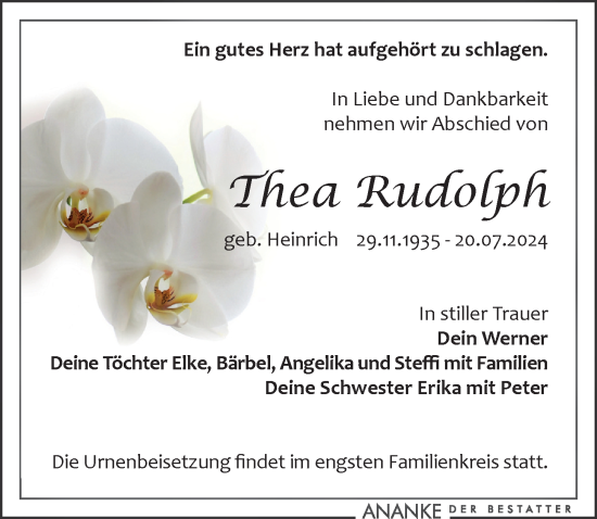 Traueranzeige von Thea Rudolph von Leipziger Volkszeitung