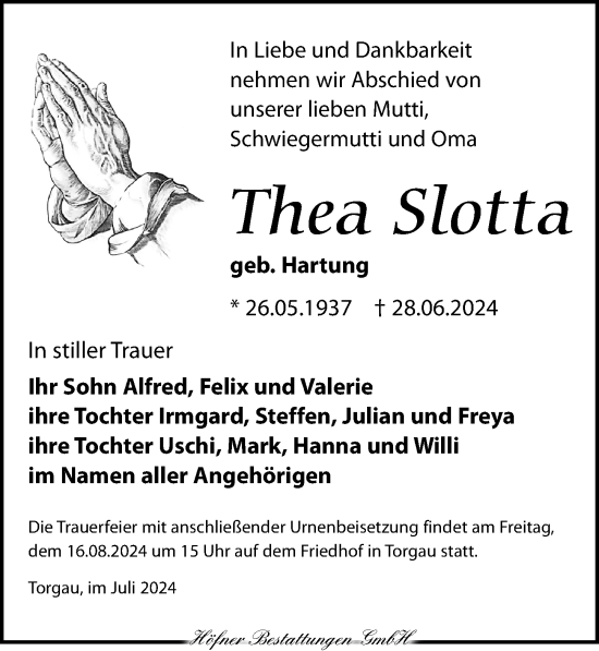 Traueranzeige von Thea Slotta von Torgauer Zeitung