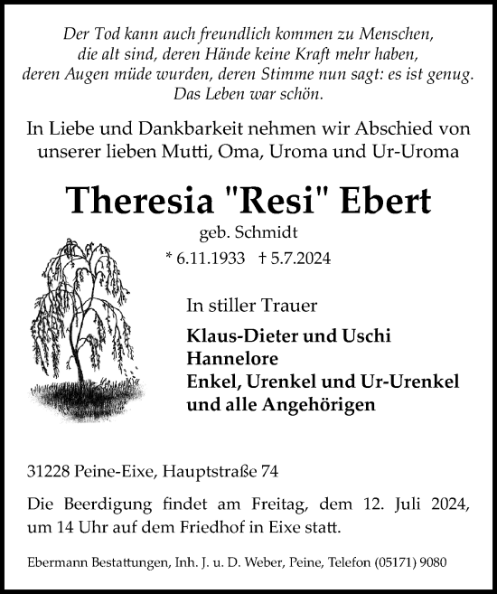 Traueranzeige von Theresia Ebert von Peiner Allgemeine Zeitung