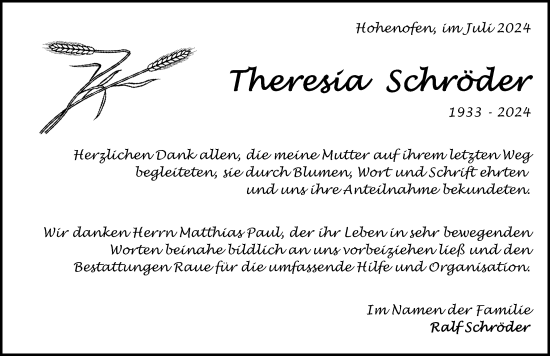 Traueranzeige von Theresia Schröder von Wochenspiegel