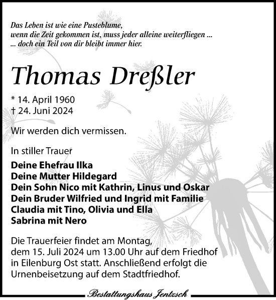 Traueranzeige von Thomas Dreßler von Leipziger Volkszeitung