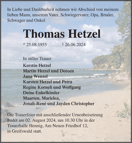 Traueranzeige von Thomas Hetzel von Ostsee-Zeitung GmbH