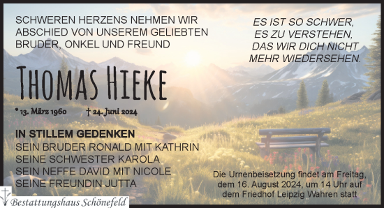 Traueranzeige von Thomas Hieke von Leipziger Volkszeitung