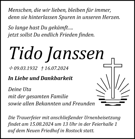 Traueranzeige von Tido Janssen von Ostsee-Zeitung GmbH