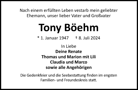 Traueranzeige von Tony Böehm von Lübecker Nachrichten