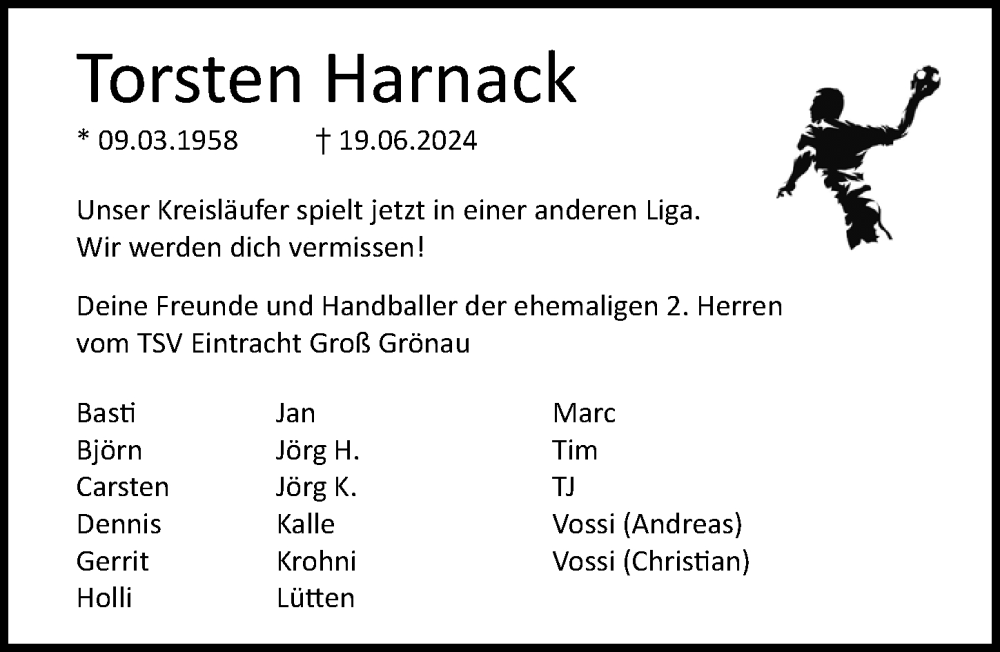  Traueranzeige für Torsten Harnack vom 07.07.2024 aus Lübecker Nachrichten